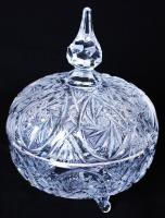 Kristály bonbonier, csiszolt, metszett, hámozott, hibátlan, m:19 cm, d:18 cm / Crystal candy dish