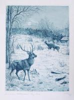 Ismeretlen jelzéssel: Szarvasok és őzek. 2db színes rézmetszet, német aláírással, 33x25cm