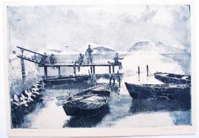 Blahos Rudolf (1917-1986): Balatoni horgászok. rézkarc, papír, jelzett, 28,5x40,5cm