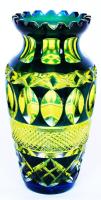 Urán zöld kristály váza, többrétegű, csiszolt, metszett, hámozott, hibátlan, m:21 cm/ Crystal vase