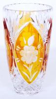 Mangán sárga ólomkristály váza, többrétegű, csiszolt, metszett, hámozott, hibátlan, m:21 cm/ Lead crystal vase