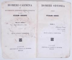 Homeri Odyssea. Edidit Guilielmus Dindorf. Pars I. (I-XII). Leipzig, 1860, Teubner. Az eredeti, ógörög szöveg kiadása. Magyar nyelvű ceruzás bejegyzésekkel. Kissé viseltes, korabeli papírkötésben. A példány több helyen sérült, ill. hiányos: a 191-192. és a 195-198. lapok [150-215. és 276-411. sorok] hiányoznak, helyettük jegyzetlapok szerepelnek; a 361-362. lapon kivágás, a 363. oldalon ragasztás okoz szöveghiányt /  Edition of the ancient Greek text, partly damaged text: lines 150-215 and 276-411 are missing, some damages on pages 361-362 and 363