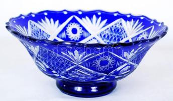 Nagy kobalt kék kristály tál, többrétegű, csiszolt, metszett, hámozott, hibátlan, m:11 cm, d:27 cm/ Crystal bowl