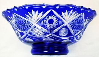 Nagy kobalt kék kristály tál, többrétegű, csiszolt, metszett, hámozott, hibátlan, m:11 cm, d:27 cm/ ...