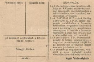 1946. 100.000AP nem kamatozó Pénztárjegy "Másra Át Nem Ruházható" és "M.Kir.Postataka...