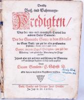 Lucas Gernler: Dreissig Buss-und Wahrnungs-Predigten ober das vier-und zwantzigste Capitul des anderen Buchs Samuelis... Truckts und verlegts Jacob Bertsche, 1674. 820p. + register. Hozzá / with : Peter Werenfels: Davids Pest-Artzney, der ein und neuntzigste Psalm, in underschiedlichen Predigten der Gemeind Gottes zu Basel zur Zeit der daselbst regierenden Pest erklärt, Sampt einer Dank-Predigt. Jacob Werenfels. 1669. 308p. + register. Korbali, megviselt félbőr kötésben / in damaged binding