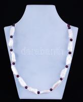 Gránátszemekből és biwa-gyöngyökből álló nyaklánc ezüst (Ag) szerelékkel /  Necklace with granites and Biwa pearls with silver accessories, 40cm