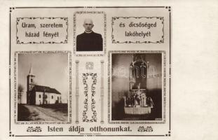 Kocsola római katolikus templom és oltára, katolikus pap portréja, vallási idézet