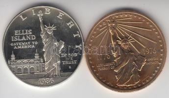 Amerikai Egyesült Államok 1986. 1$ Ag "Szabadság-szobor" + aranyozott emlékérem dísztokban tanúsítvánnyal T:PP USA 1986. 1 Dollar Ag "Ellis Island" + commemorative medallion is case with certificate C:PP