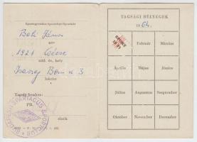 1964 Spartacus pártoló tagsági igazolvány bélyeggel