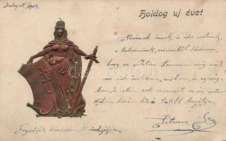 New Year, patriotic greeting card, woman with the Holy Crown of Hungary, broadsword and sword, Emb. (EB)