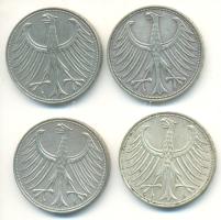 NSZK 1951D-F-G-J 5M Ag (4xklf) T:2,2- GFR 1951D-F-G-J 5 Mark Ag (4xdiff) C:XF,VF