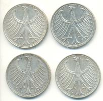 NSZK 1963D-F-G-J 5M Ag (4xklf) T:2,2- GFR 1963D-F-G-J 5 Mark Ag (4xdiff) C:XF,VF