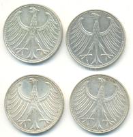 NSZK 1965D-F-G-J 5M Ag (4xklf) T:2,2- GFR 1965D-F-G-J 5 Mark Ag (4xdiff) C:XF,VF