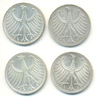 NSZK 1966D-F-G-J 5M Ag (4xklf) T:2,2- GFR 1966D-F-G-J 5 Mark Ag (4xdiff) C:XF,VF