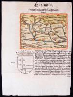 cca 1588 Münster, Sebastian: Magyarország - Sarmatia. Zum ersten von dem Ungerlande. A színezett térkép alatt Magyarország fordított állású címere.  Megjelent: S. Münster: Cosmographia. Lapméret: 20x26 cm. Képméret: 14x10 cm. / Colored map of Hungary