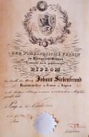 1853 A Csehországi Gyümölcskertészek Egyesületének oklevele Johann Siebenfreund nagyszombati kertész...