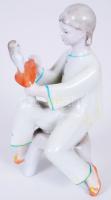 Babával játszó kislány, kézzel festett, jelzett Hollóházi porcelánfigura /  Girl playing with doll, hand painted Holloházi porcelain figure, 13x7x7cm