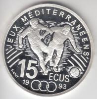 Franciaország 1993. 100Fr/15E Ag "Mediterrán Játékok / Labdarúgás" T:PP France 1993. 100 Francs / 15 Ecus Ag "Mediterranean Games / Soccer" C:PP