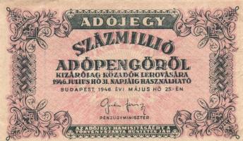 1946. 100.000.000AP hátlapon fordított címer! T:III