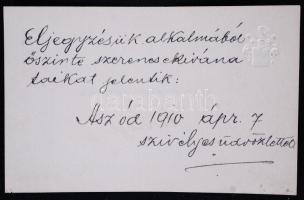 1910 Az aszódi főjegyző címeres névjegykártyája eljegyzési jókívánságaival