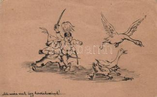 Hungarian military, handmade postcard, humour (EK)