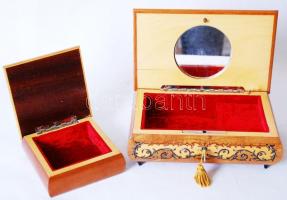 Intarziás zenélő fadoboz kulccsal és egy kis intarziás fadoboz, mindkettő plüss béléssel, 20×12×7 cm...