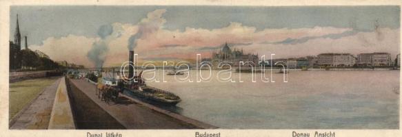 Budapest dunai látkép gőzhajóval, kisméretű  panorámalap, 17,5 cm x 6 cm