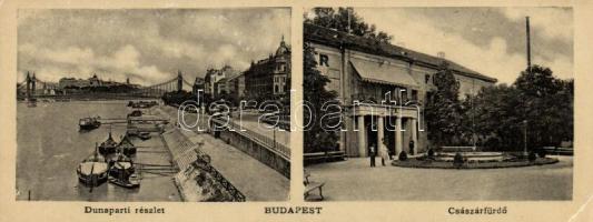 Budapest Duna parti részlet és Császár fürdő, kisméretű  összecsukható képeslap / folding card, 18 cm x 7 cm (EB)