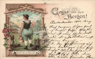 Greeting card from the mountains, humour, the scent of the dairy maid is not like the scent of the roses in the Alps, litho