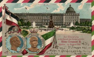 Berlin Stadtschloss, Wilhelm II and Victor Emmanuel III, German and Italian flags, Emb. litho