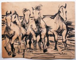 Holló jelzéssel: Lovak. Tus, papír, apró szakadás, 23×30 cm