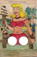 1958 Humorous mechanical card, woman with dog, fishermen, use your fingers as her legs (fa)