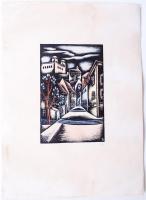 Leon Alex (1907-1944): Utca részlet. Színezett litográfia, papír, jelzett, 15×10 cm
