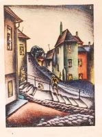 Leon Alex (1907-1944): Vöröslámpás negyed. Színezett litográfia, papír, jelzett, 15×10 cm