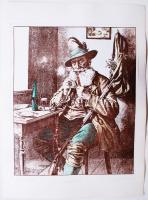 Pécsi András: Öreg vadász. Színezett rézkarc, papír, jelzett, 33×28 cm