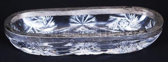 cca 1900 Vésett ólomkristály tálka jelzett ezüst (Ag) szegéllyel /  Lead crystal bowl with silver edge, 25x9,5x4cm