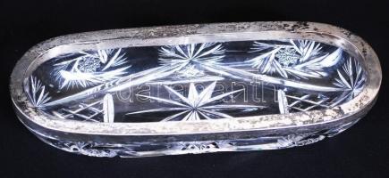 cca 1900 Vésett ólomkristály tálka jelzett ezüst (Ag) szegéllyel / 
Lead crystal bowl with silver ed...