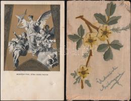 2 db régi képeslap: virág motívumos textil lap, és a 34. Nemzetközi Eucharisztikus budapesti kongresszus képeslapja, pinx. Benczur