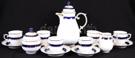 Hollóházi kék és arany virág mintás mokkás készlet, jelzett, hibátlan, matricás/ Hollohaza porcelain coffee set