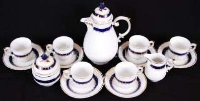 Hollóházi kék és arany virág mintás mokkás készlet, jelzett, hibátlan, matricás/ Hollohaza porcelain...