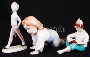 Gyerekek, 3db kézzel festett, jelzett porcelánfigura (Hollóháza, Aquincum) / 
Kids, hand painted por...