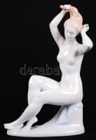 Fésülködő akt, kézzel festett, jelzett Aquincumi porcelán figura /  Nude combing her hair, hand painted porcelain figure, 22x14x6cm