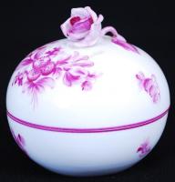 Herendi virág mintás rózsás bonbonier, kézzel festett, jelzett, rózsán nagyon apró lepattanás, d:7 cm, m:7 cm /Handpainted Herend porcelain candy dish