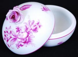 Herendi virág mintás rózsás bonbonier, kézzel festett, jelzett, rózsán nagyon apró lepattanás, d:7 c...