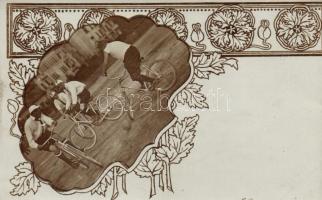 Kerékpárpóló ütők nélkül / Cycle polo without racket, photo, Art Nouveau frame