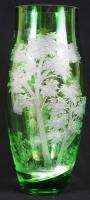 Urán zöld, vadász jelenetes üveg váza, gravírozott, homokfújt, csiszolt, hibátlan, m:26 cm, d:9 cm / Glass vase