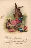 Easter, rabbit family, egg stroller with chick, litho (EK)