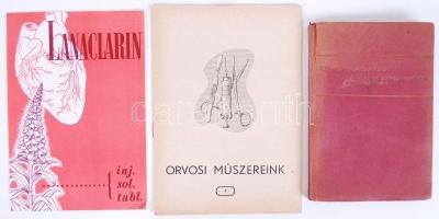 1934-1954 3db orvosi, gyógyszerész nyomtatvány: A biológiai gyógykezelés zsebkönyve I. Orvosi műszereink. Lanaclarin gyógyszer reklám.