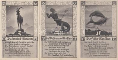 A 12 zodiákus jegy használatlan, kiváló állapotú, háború előtti grafikai képeslapokon / Series of 12 pre-war Zodiac cards